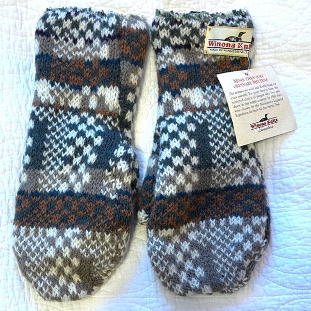Vintage Winona Knits Minnesota Mitten Sz XL Wool Cotton Winter Cottage Cabin Tan